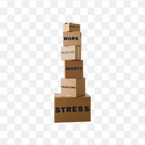 Carton boxes with many different words about stress png